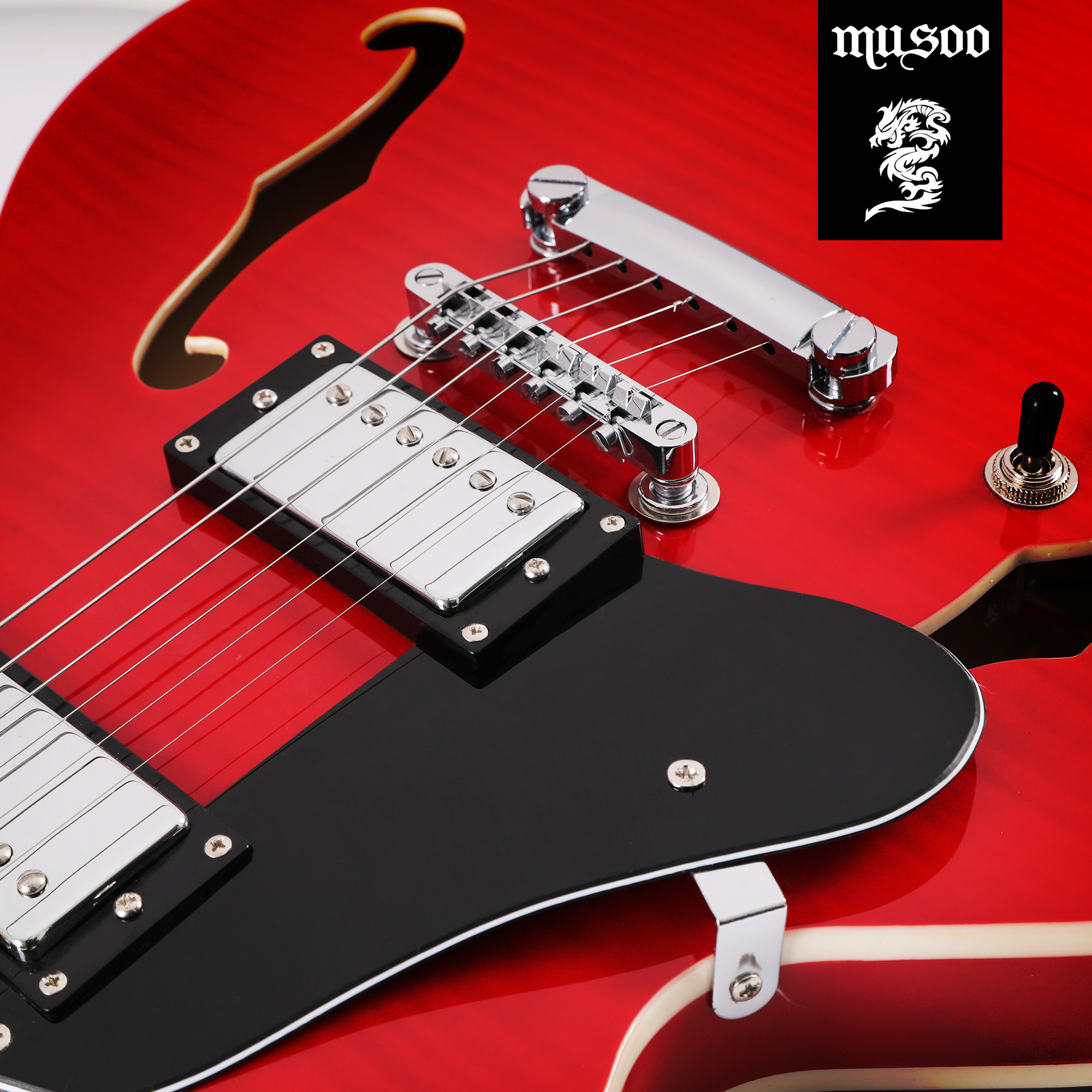Musoo 335 style left hand Jazz Electric Guitar Flame Maple top Semi-Hollow Body Chrome Hardware 